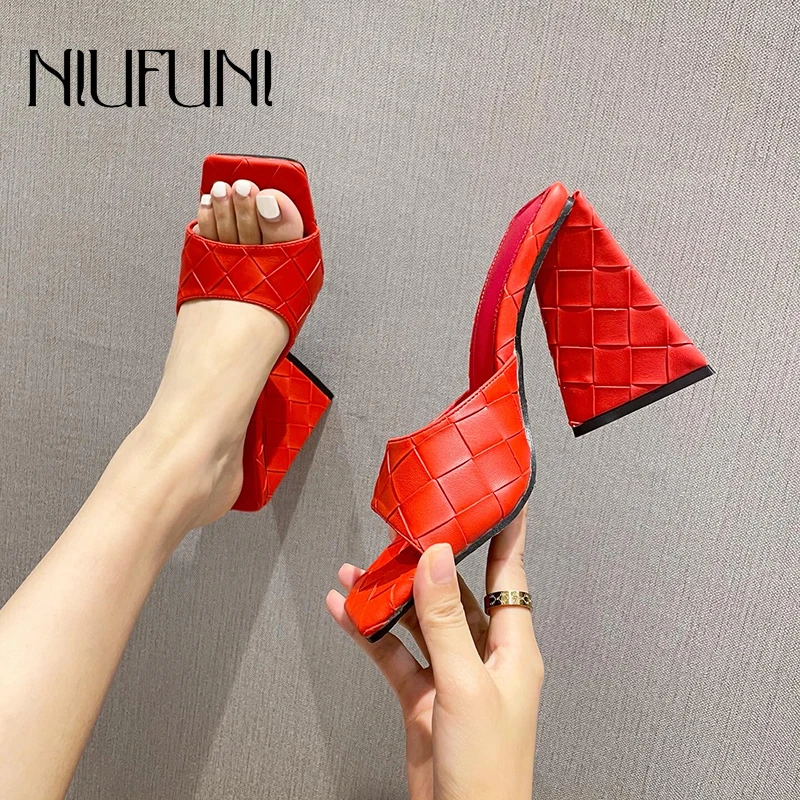 

Woven Rhombus Lattice Red Wedding Women Slippers 10CM High Heels Open Toe Simple Slides Leopard Transparent PVC Slip-On Sandals