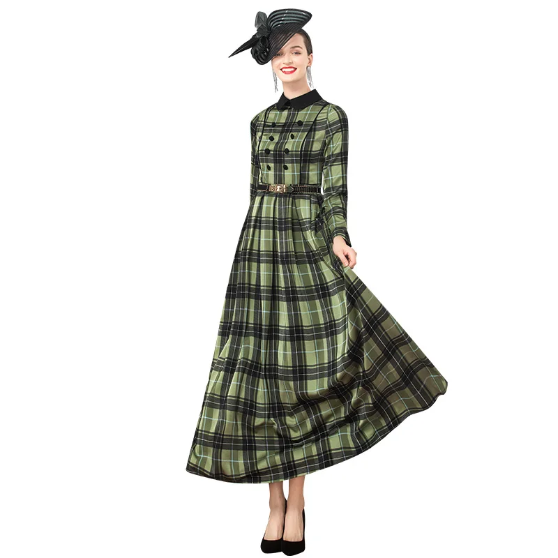 Длинное офисное платье в английском стиле Осеннее клетчатое на пуговицах