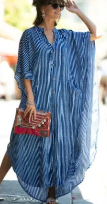 

Women Long Swimsuit Cover Up Chic Sexy Button Down V Neck Flowy Batwing Sleeve Maxi Dress Beach Pool Water Park Multi-Color