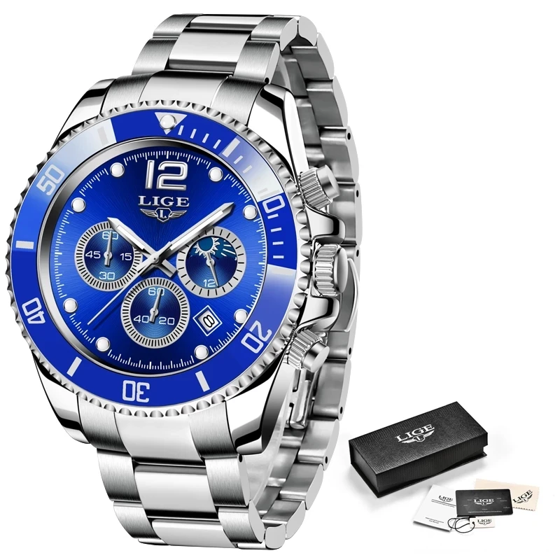 

LIGE New Fashion Blue Watches with Stainless Steel Top Brand Luxury Sports Chronograph Quartz Watch Men Clocks Relogio Masculino
