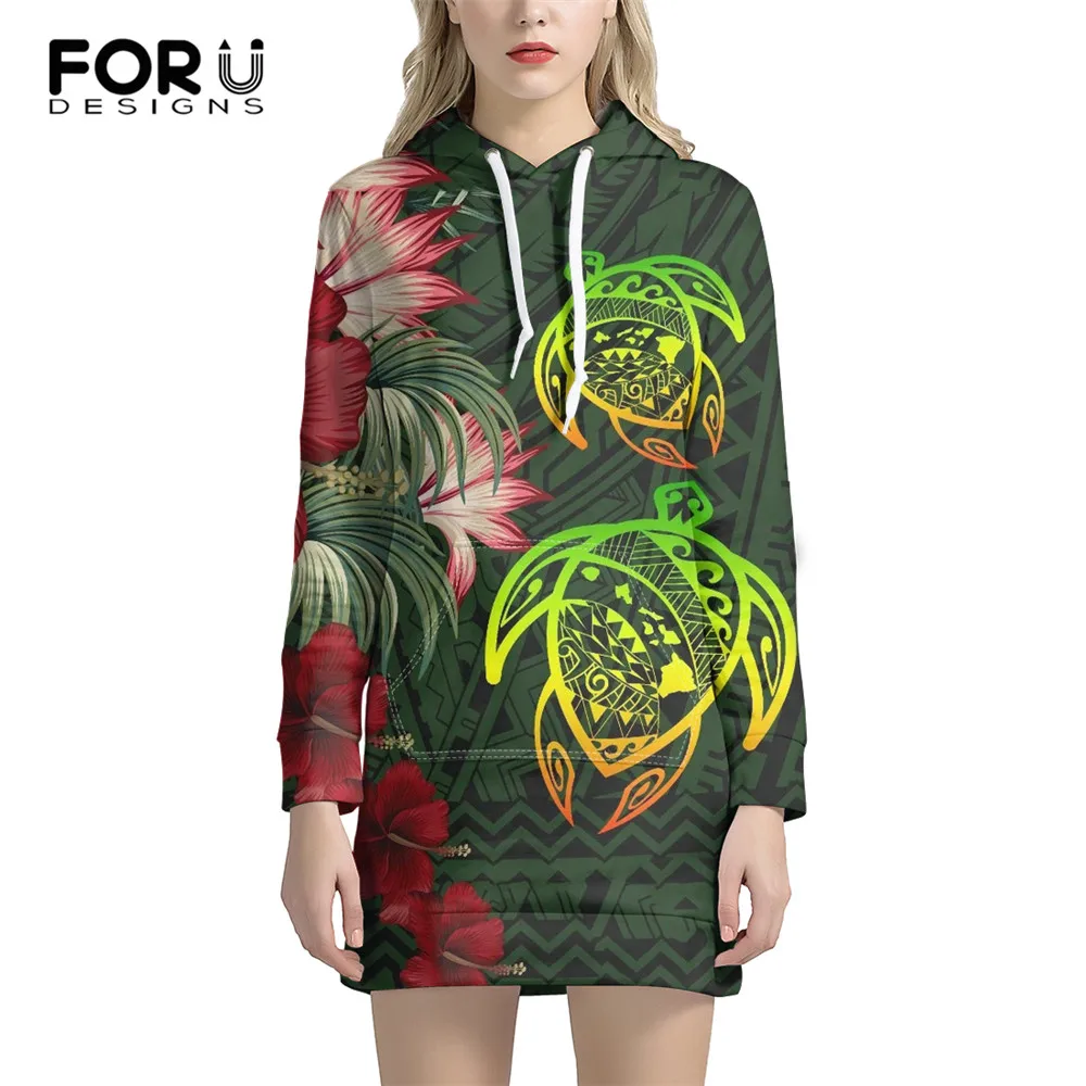 

FORUDESIGNS New Arrival Women Long Sleeve Hooded Dress Hawaii Turtle Hibiscus Plumeria Polynesian Tribal Female Loose Sweatshirt