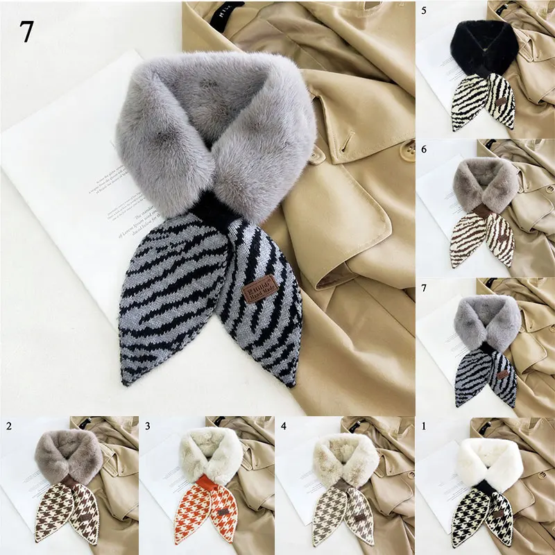 

Women Cross Small Scarves Leopard Print Knitted Scarf Knitting Leaf Rhombus Pattern Soft Fluffy Neck Warm Faux Fur Collar Scarf