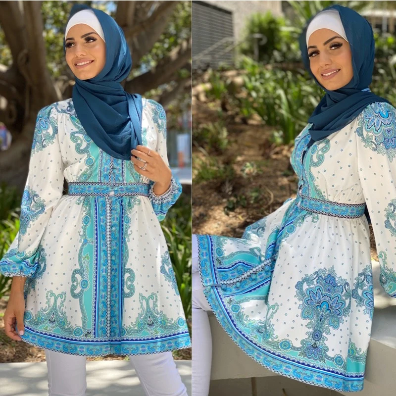 Abayeh clothing printing palace style retro blouse Muslim women blouse Oman Pakistani clothing Ramadan Eid Mubarak blouse shirt