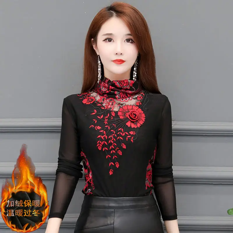 Зима 2020 Женская кружевная блузка с высоким воротом плюшевая утепленная Базовая