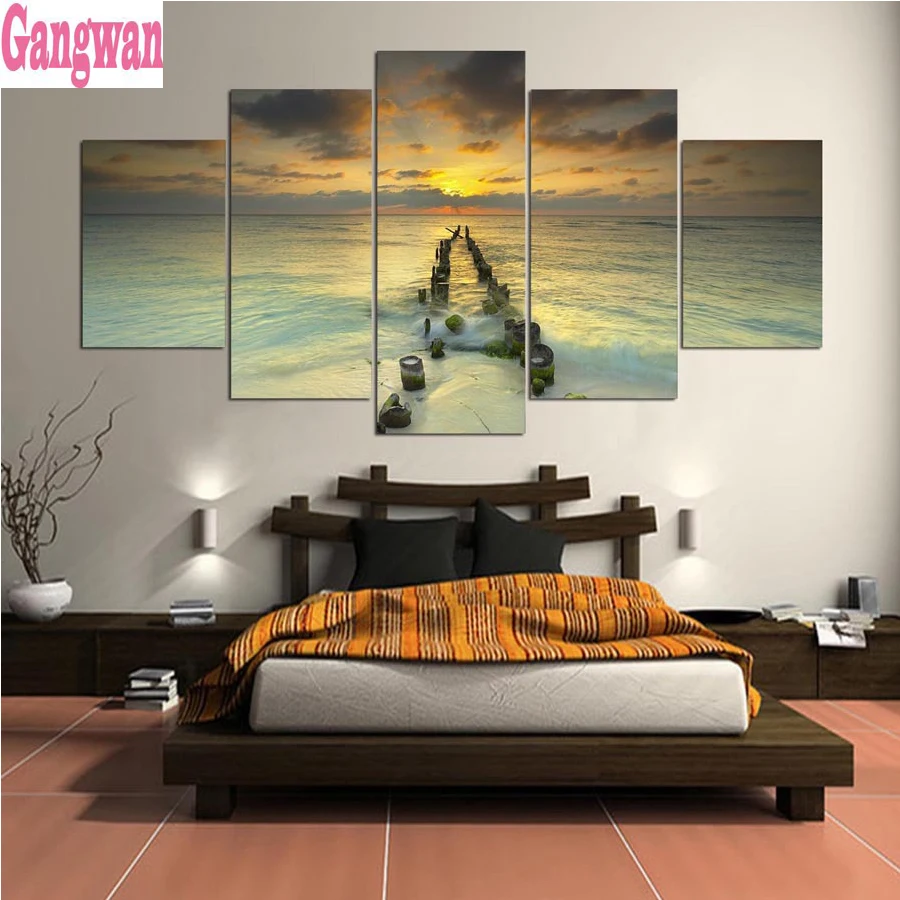 

5 Pieces Diamond Embroidery Bridge Pier Coast Sea Sunset Full Square/Round Diamond Painting 5D DIY Cross Stitch mosaic decor art