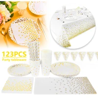 123pcs party tableware set christmas gift disposable dinnerware set gold dot paper plates wood pulp for birthday party weddings