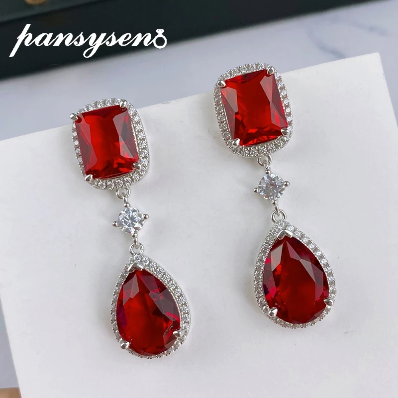 

PANSYSEN Vintage 925 Sterling Silver Ruby Diamond Gemstone Drop Dangle Earrings Cocktail Party Fine Jewelry Women Birthday Gift
