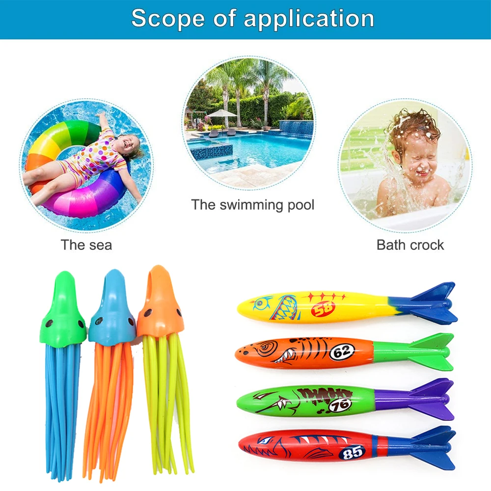 

25Pcs Summer Diving Toys Torpedoes Bandits Stringed Octopus Diving Fish Ring Pool Water Games Training Gift Set Toy for Children