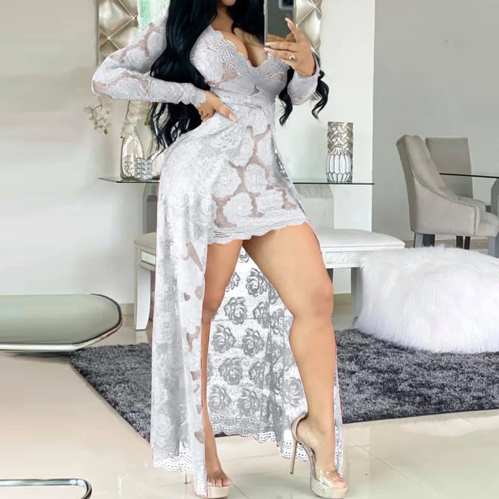 Spring Women's Dress Sexy Women Midi Elegant Fashion Lady Nightclub V-Neck Lace Dresses Long Sleeve Full | Женская одежда