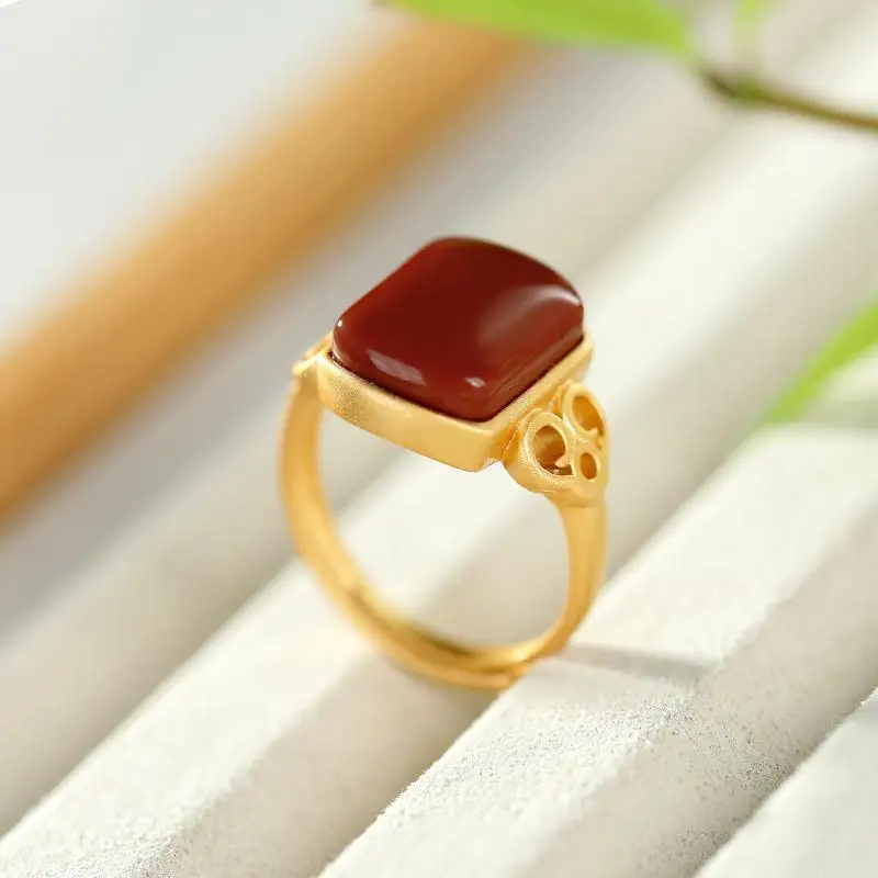 Эмалированное кольцо из халцедона регулируемое в китайском стиле дизайнерское