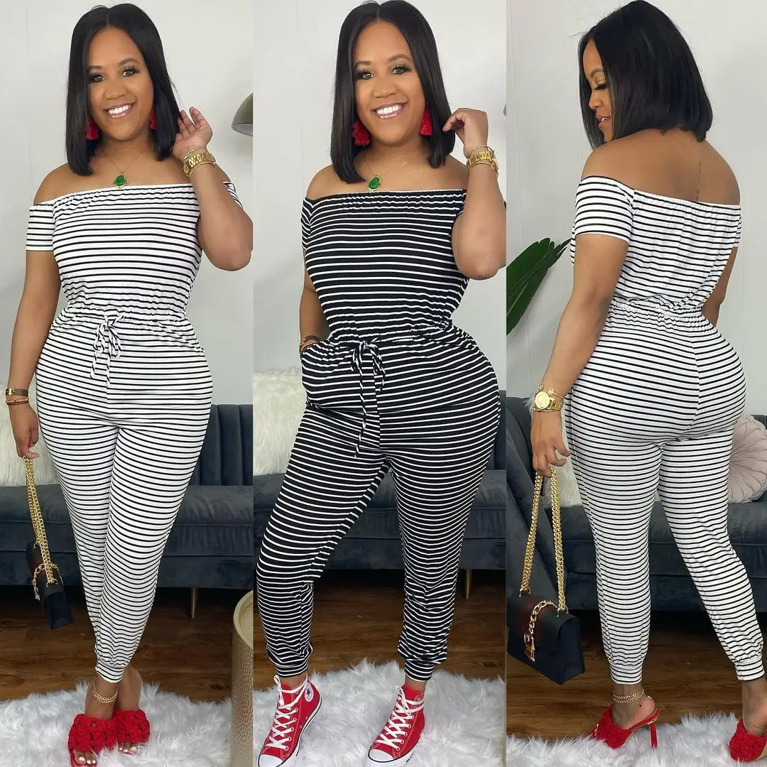 

Chocomist Jumpsuits Casual Striped Off Shoulder Women Jumpsuits W2125