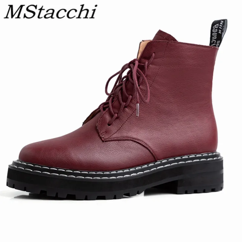 

MStacchi Women's Genuine Leather short boots Cross-tied Round Toe Low Heel Warmest Punk women shoes Concise Martin botas mujer