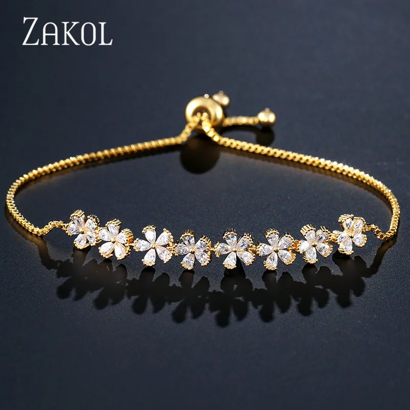 ZAKOL, Новое поступление, белый Фианит, циркон, камни, цветок, шарм, регулируемые браслеты для женщин, модные свадебные ювелирные изделия, FSBP2136 - Окраска металла: Gold Color