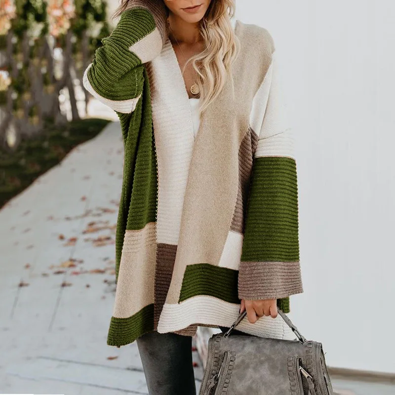 

2021 Autumn New Sweater Women's Large Size Loose Geometric Color Matching Cardigan Knitted Sweaters