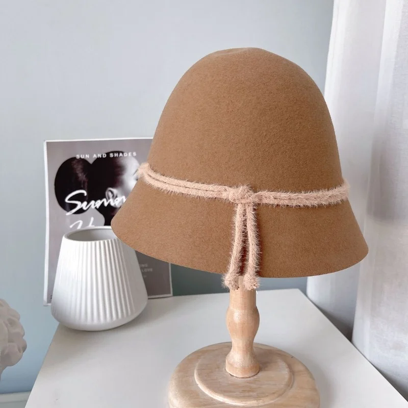 

2021 австралийская шерстяная простая шляпа-федора, Женская осенне-зимняя шапка из чистой шерсти, веревочная однотонная Панама с узлом