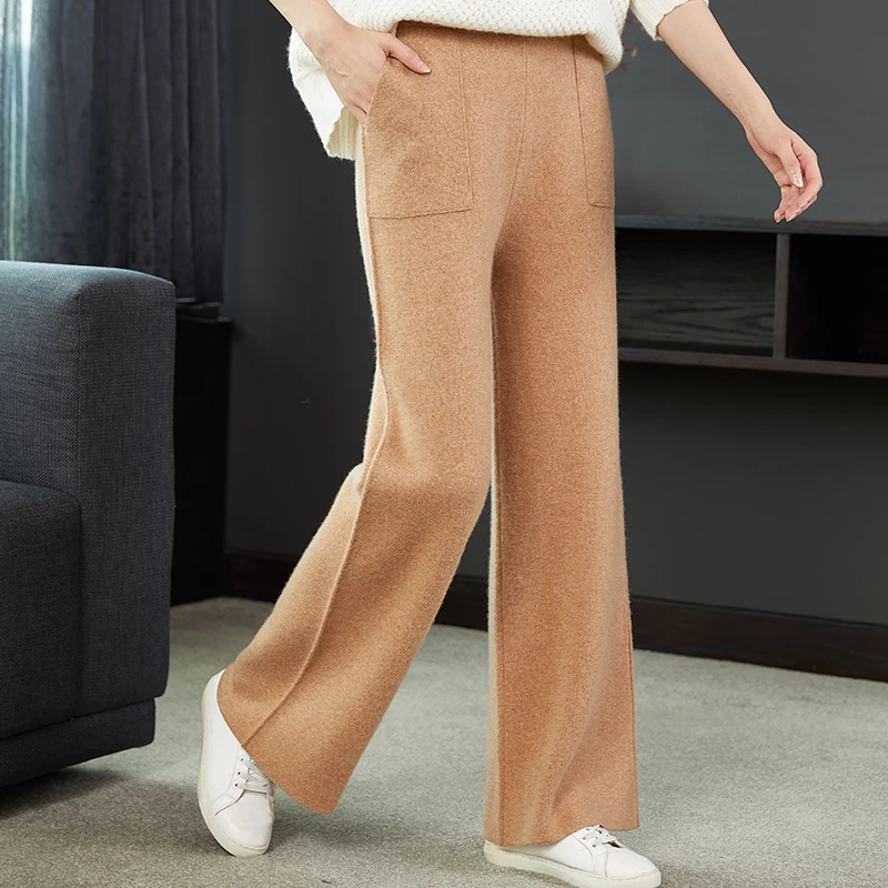 Women 100% Wool Pants 2020 New Autumn Winter Soft Waxy Comfortable High-Waist Knitted Female Thicken Wide Leg Pants