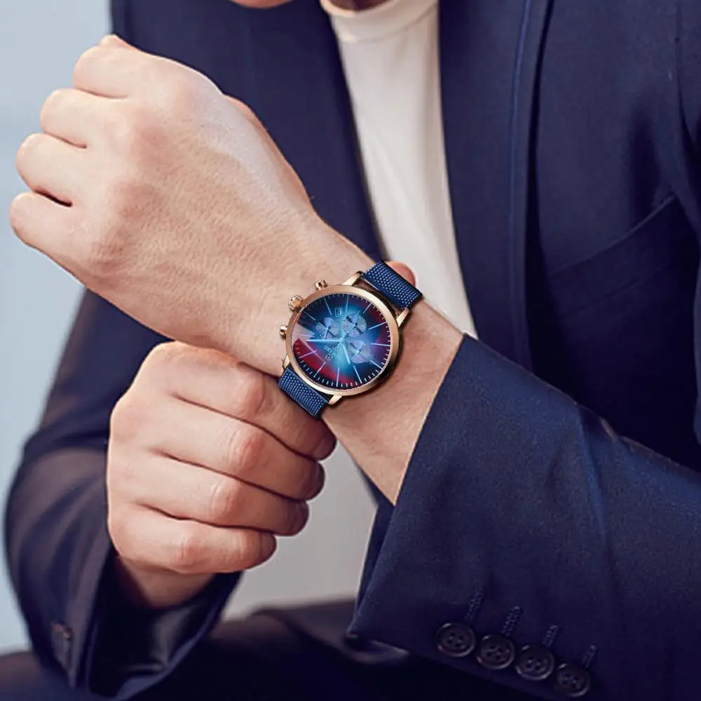 Награда синяя сталь сетка цветной браслет стекло дизайн три циферблата