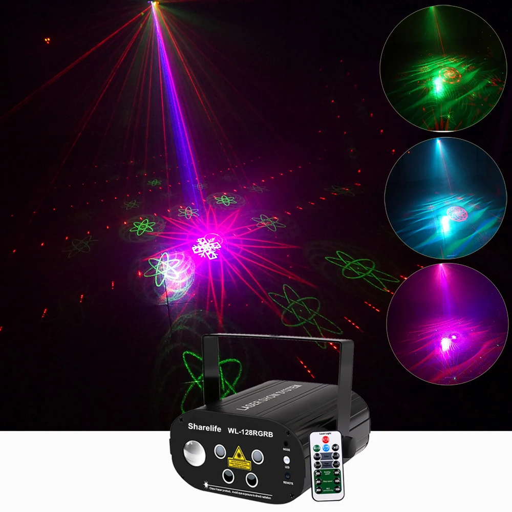 Sharelife Mini 4 Lens 128 RGRB Pattern Laser Light RGB LED Aurora Remote Control Motor Speed DJ Gig Party Home Stage lighting