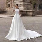 Матовое атласное свадебное платье с высоким воротом, длинными рукавами, кружевной аппликацией и кристаллами, иллюзионная спина с пуговицами, свадебное платье