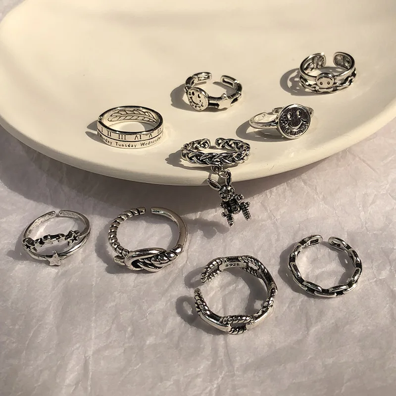 

Retro Neutral Multi-layer Smiley Face Wide Ring for Women Antique Silver Color Opening Student Ring Hip-hop Punk Trend New 2020