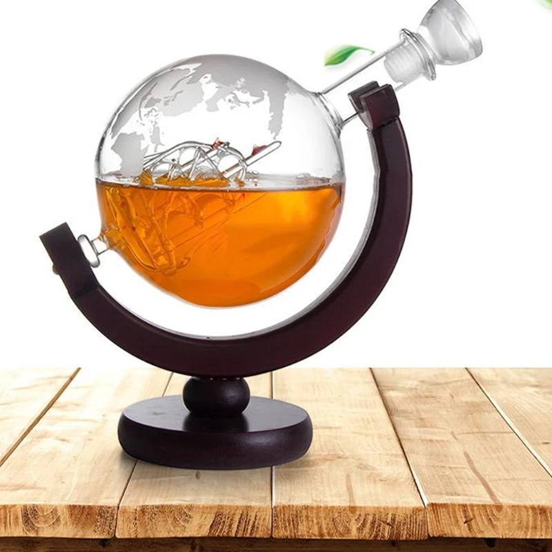 

850ML Whiskey Decanter Antique Ship Whiskey Dispenser for Liquor Bourbon Vodka Wine Glass Decanter Globe with Wood Stand