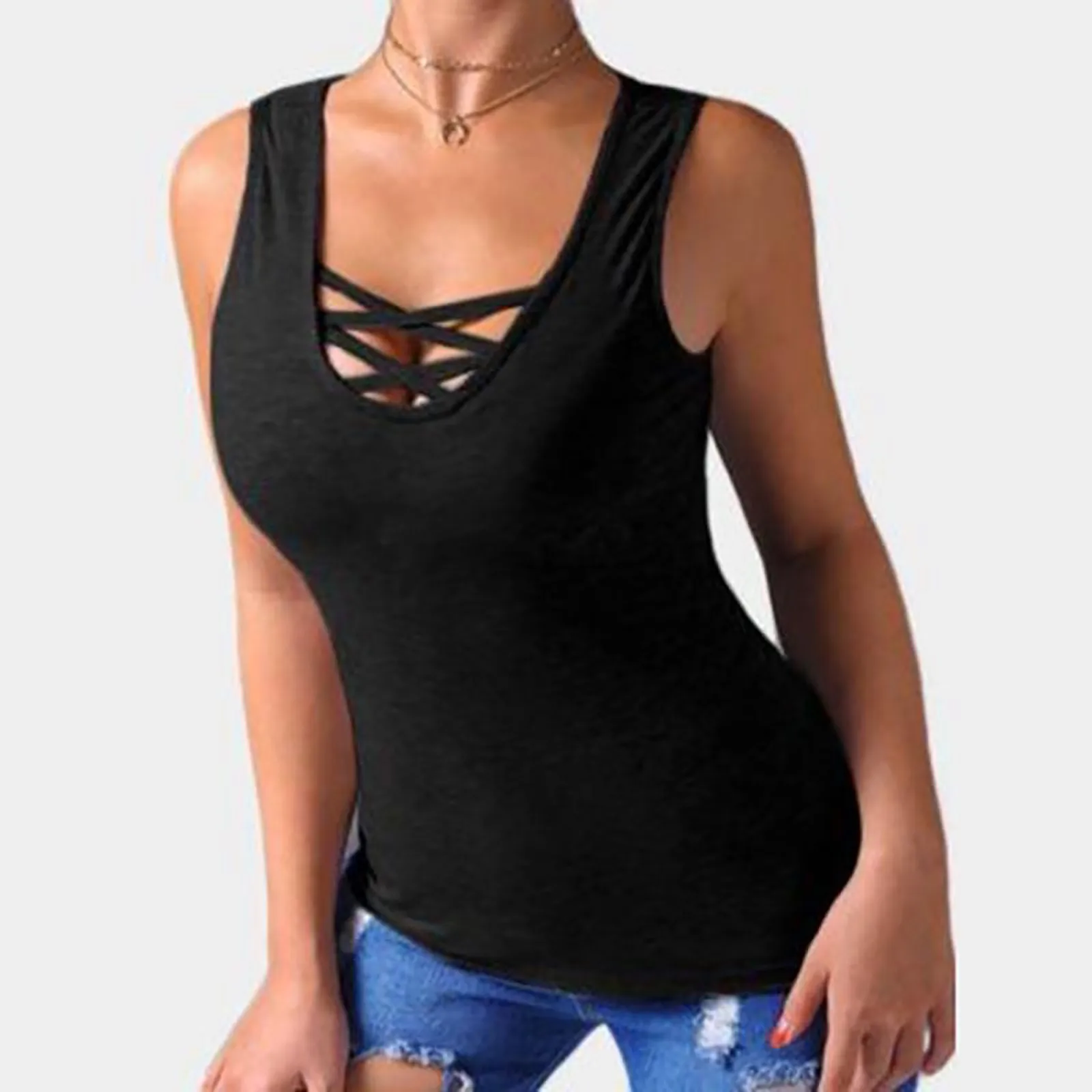 

Cross Black Sexy Tops For Ladies Blouses Et Chemises Womens Bare Chest Sleeveless Summer Tops Color Block Side Split Shirts