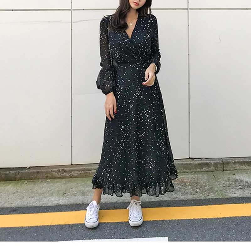 Элегантное шифоновое женское длинное платье с оборками и принтом звезд Осеннее