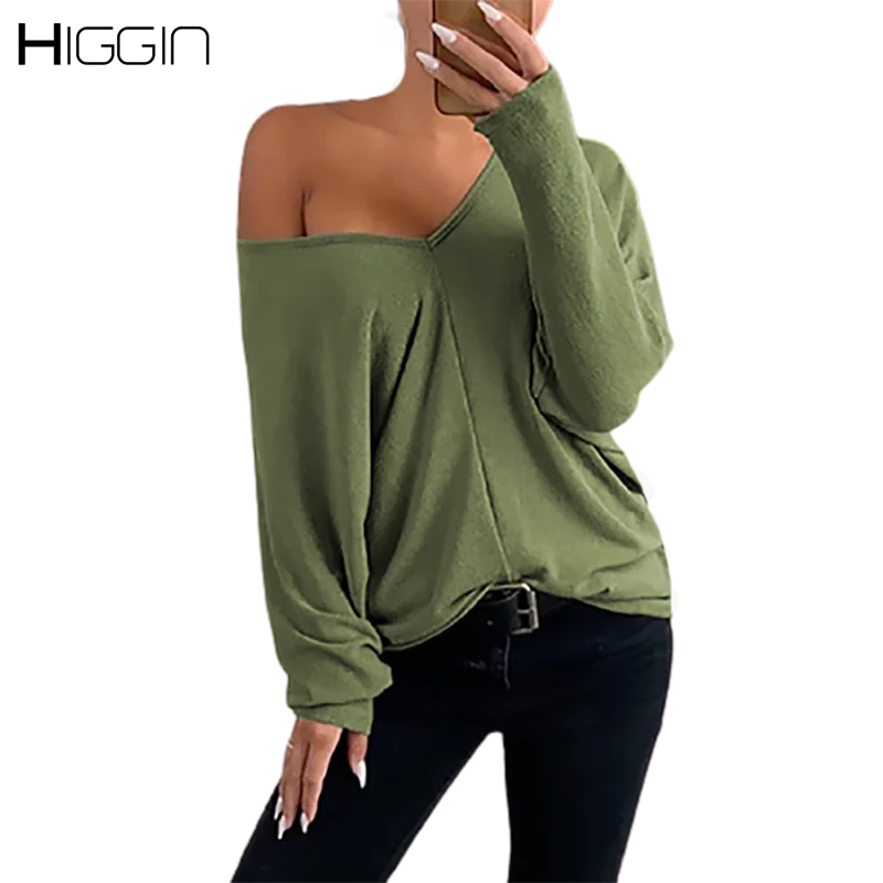 

5XL Women Deep V-Neck Sexy T-Shirt Solid Basic Long Sleeve Loose T Shirt Female Oversized Casual Pullover Fashion Top For 2021