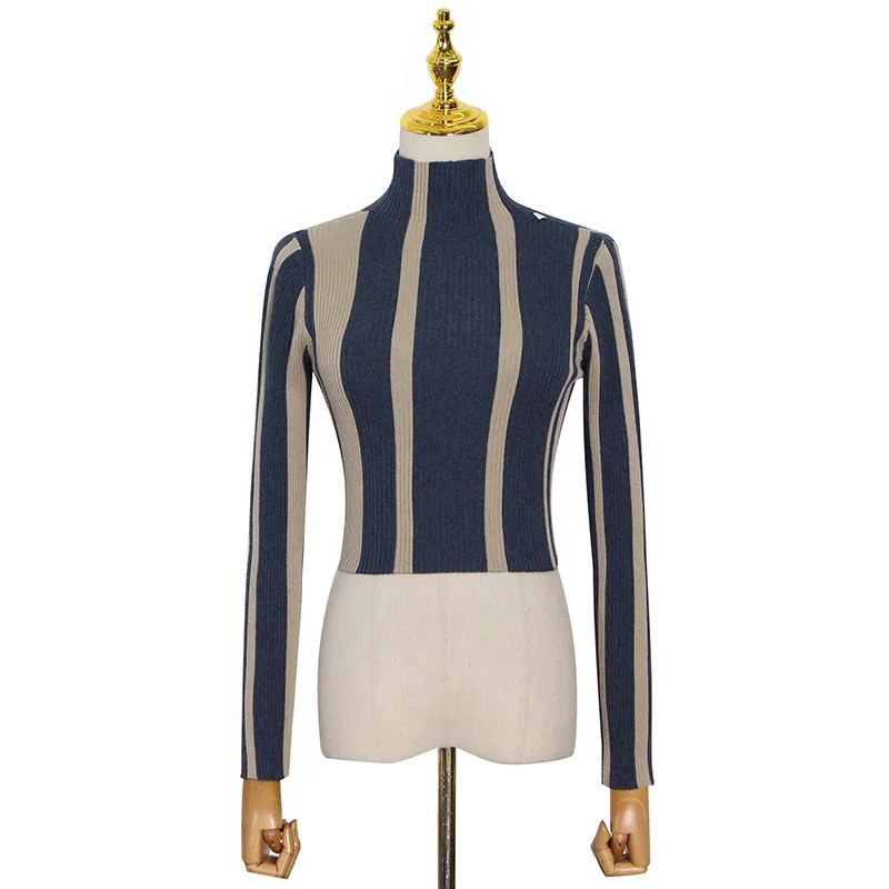 

SuperAen Fashion New Design 2021 Spring Sexy Stand Collar Striped Color Matching T-shirt Blouse Pullover Women