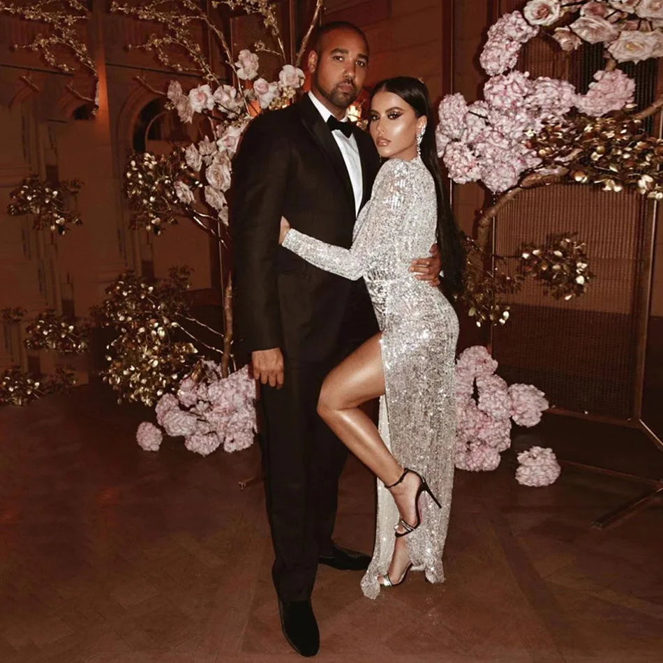 Высококачественное сексуальное длинное платье с серебряными пайетками и длинным рукавом, с глубоким v-образным вырезом, с разрезом, облегающее, Клубные, вечерние платья, элегантное, осень, для женщин