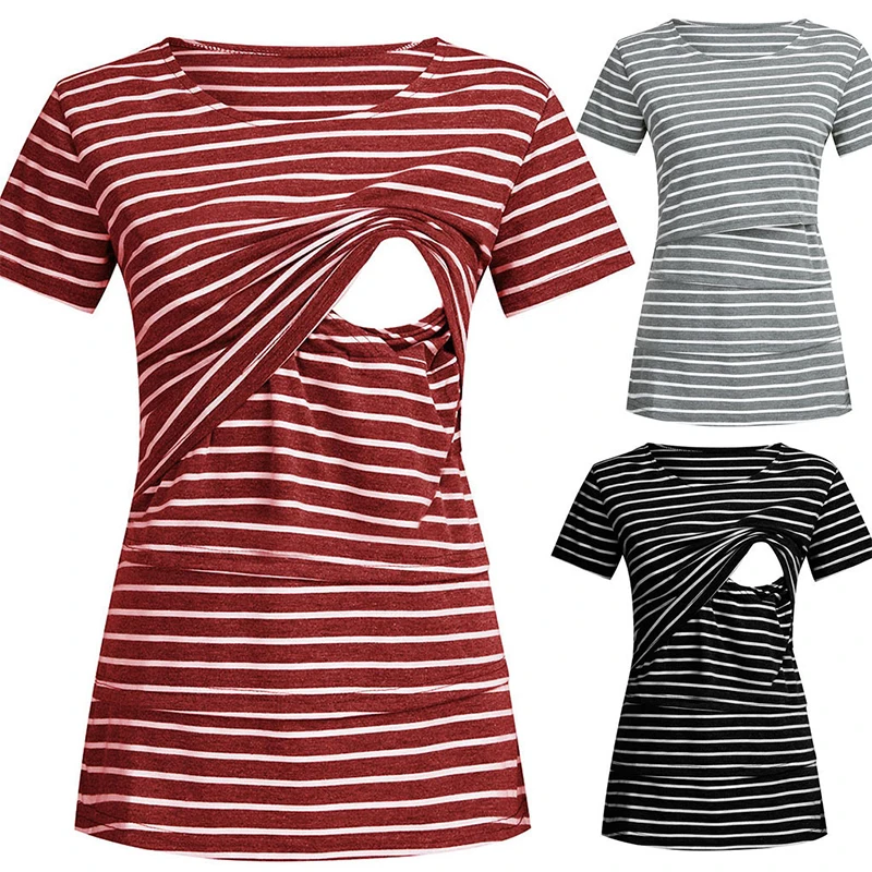 

Women Maternity Breastfeeding Tee Nursing Tops Striped Short Sleeve T-shirt Plus Size S-XL Maternity Clothing Tees