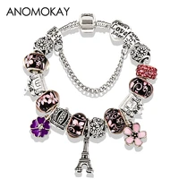 2020 antique silver color eiffel tower charm bracelet pink red crystal flower bead bracelets bangles for women jewelry gift