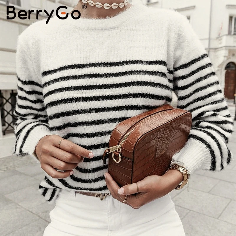 BerryGo Sexy backless mohair pullover sweater women Autumn winter soft female Elegant lace up strip o-neck ladies jumper | Женская
