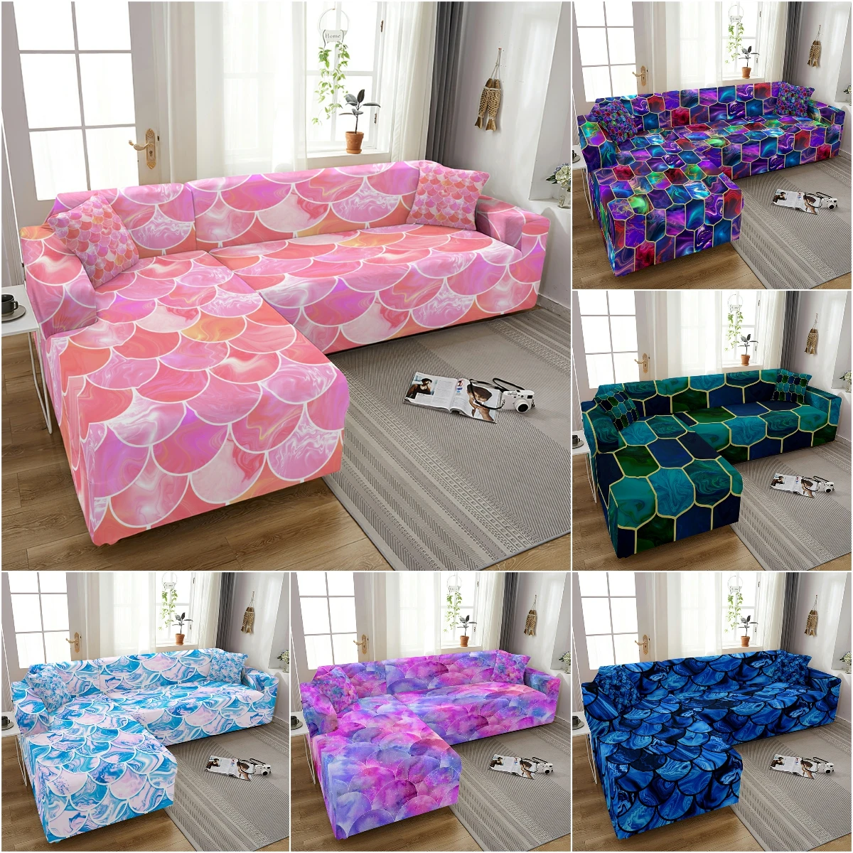 Sofa Cover For Living Room Mermaid Scales Printed Slipcover L Shaped Corner Sofa Cover Funda Sofa Elastic Couch Cover 1-4 Seater
