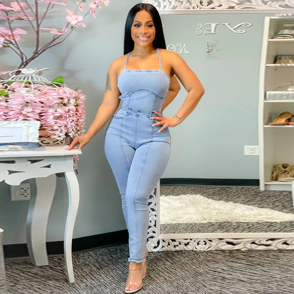 Женский джинсовый комбинезон на бретелях-спагетти Облегающий с открытыми