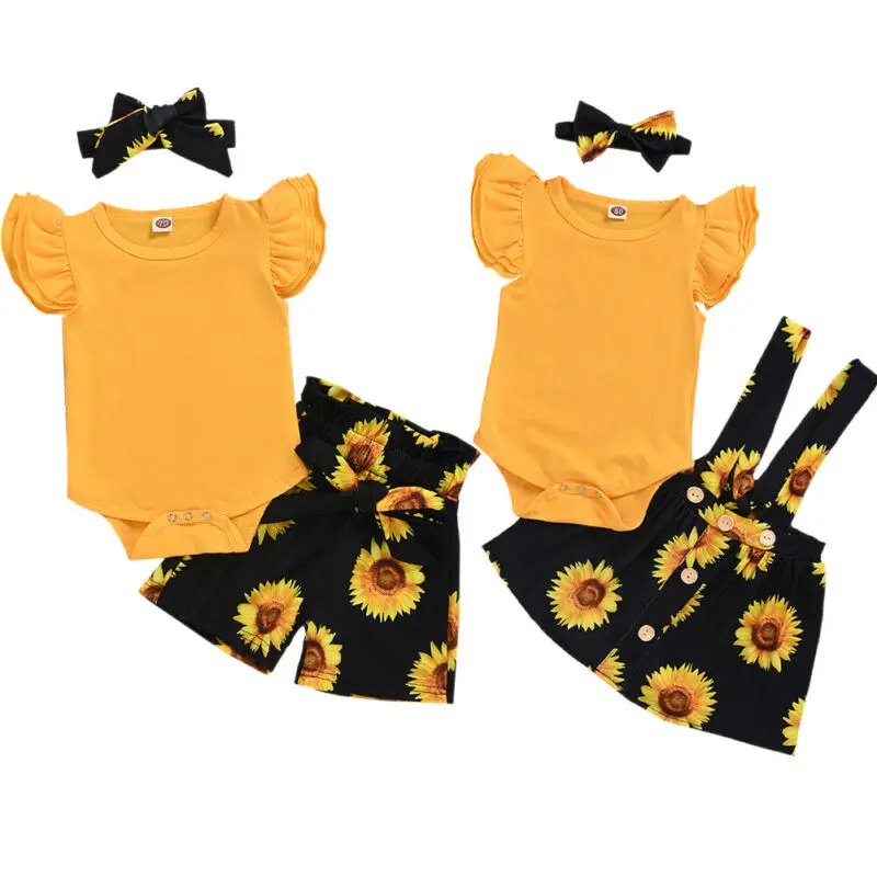 

Pudcoco US Stock 0-24M Toddler Baby Girls Clothes Set Print Sunflower Short Sleeve Romper Shorts Skirts Headband Outfits Set