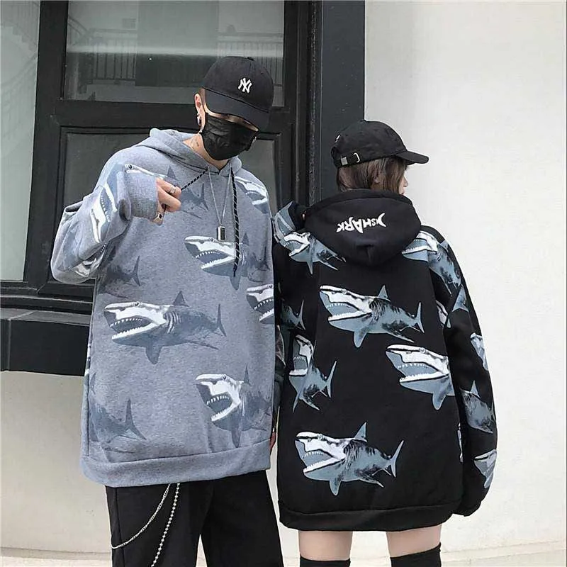 NiceMix Женская Зимняя коллекция, новая мода, ins, принт акулы, Harajuku, свободная повседневная бархатная куртка в стиле ретро в стиле хип-хоп, куртка с капюшоном