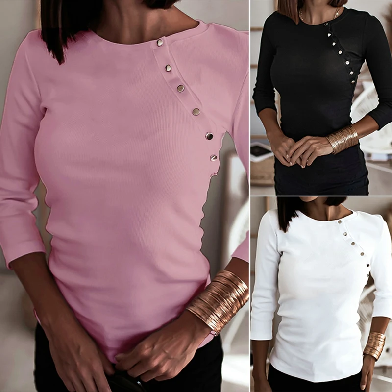 

Женский модный топ со скошенными пуговицами и круглым вырезом, тонкий однотонный топ с длинным рукавом