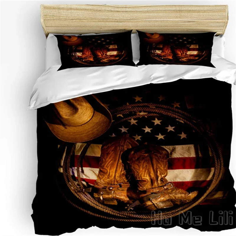 

Home Duvet Cover By Ho Me Lili USA Western Bedding Set Cowboy Hat With Boots Rope On American Flag Down For Kids
