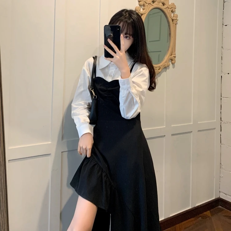 

Designed sling skirt suit female autumn/winter large size irregular fork thin dress Sleeveless Vintage A-Line Empire