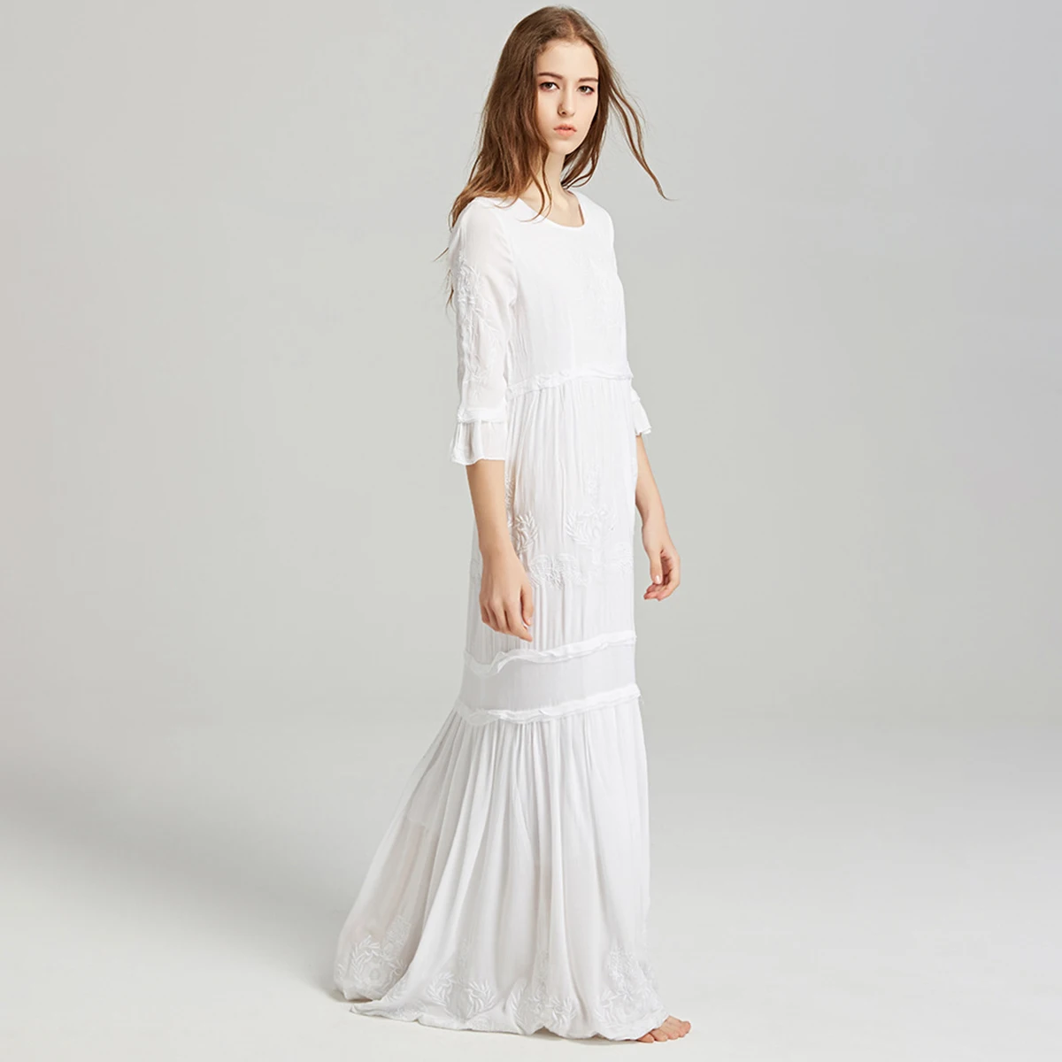 Boho, красное, белое, с вышивкой, макси платье, для женщин, осень, лето, с оборками, элегантные платья,, для девушек, одноцветное, хиппи, Пляжное, длинное платье