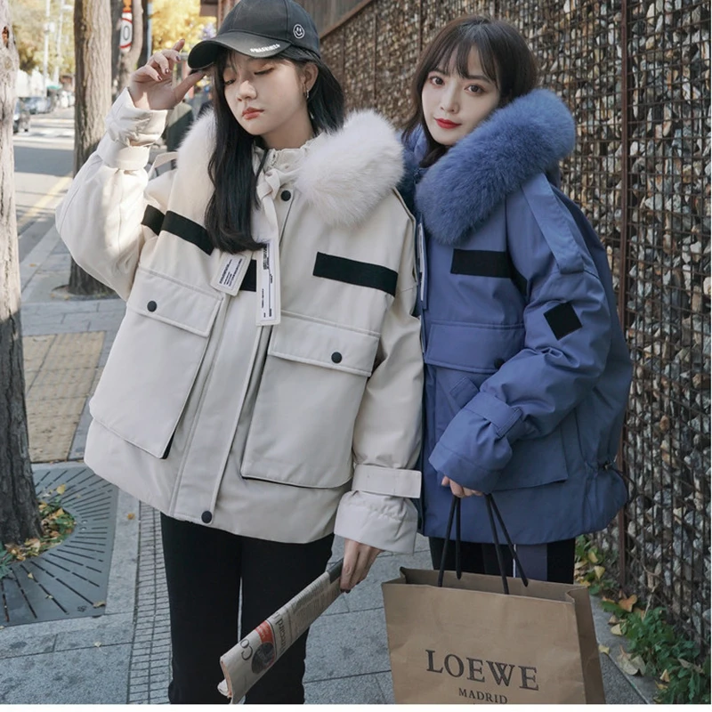 

2020 New Fashion Cotton Wadded Womens Coat with Fur Hood Thicken Warm Winter Coat Women Blue Short Puffer Jacket Women M72