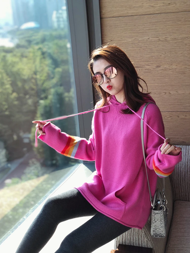 

DELICCOLOR 2019 New Hooded Sweater Women Rainbow full sleeve oversized sweater Warm Women's Pullovers casual sweaters