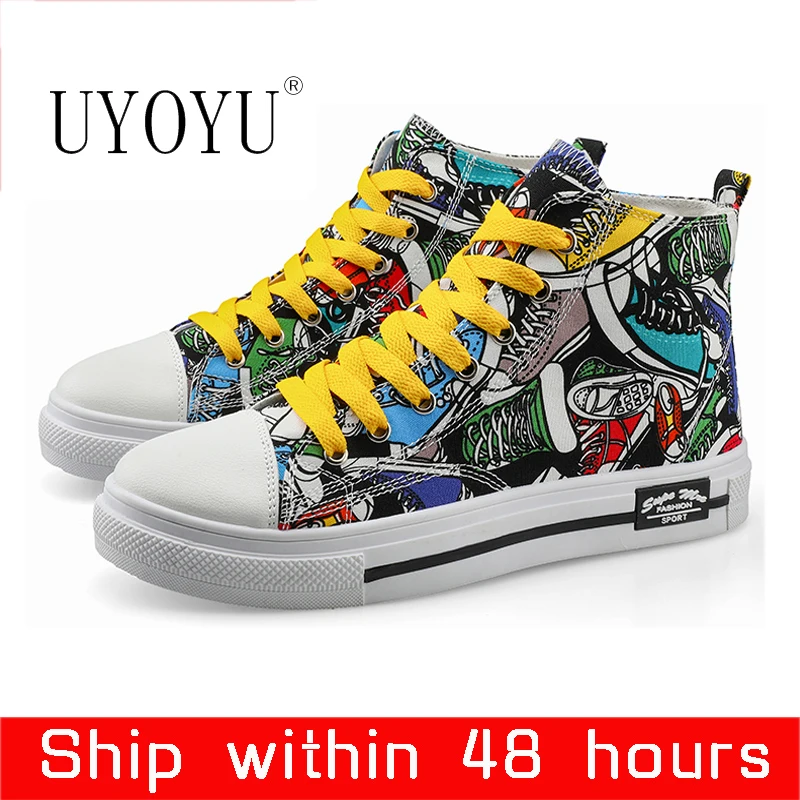 Кеды высокие для мужчин и женщин Вулканизированная подошва принт граффити
