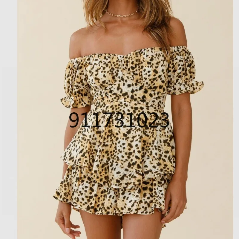 Bohemian Floral Leopard Print Ruffled Casual Short Playsuits Women's Summer Sleeve Slash Neck Jumpsuit Loose Overalls | Тематическая