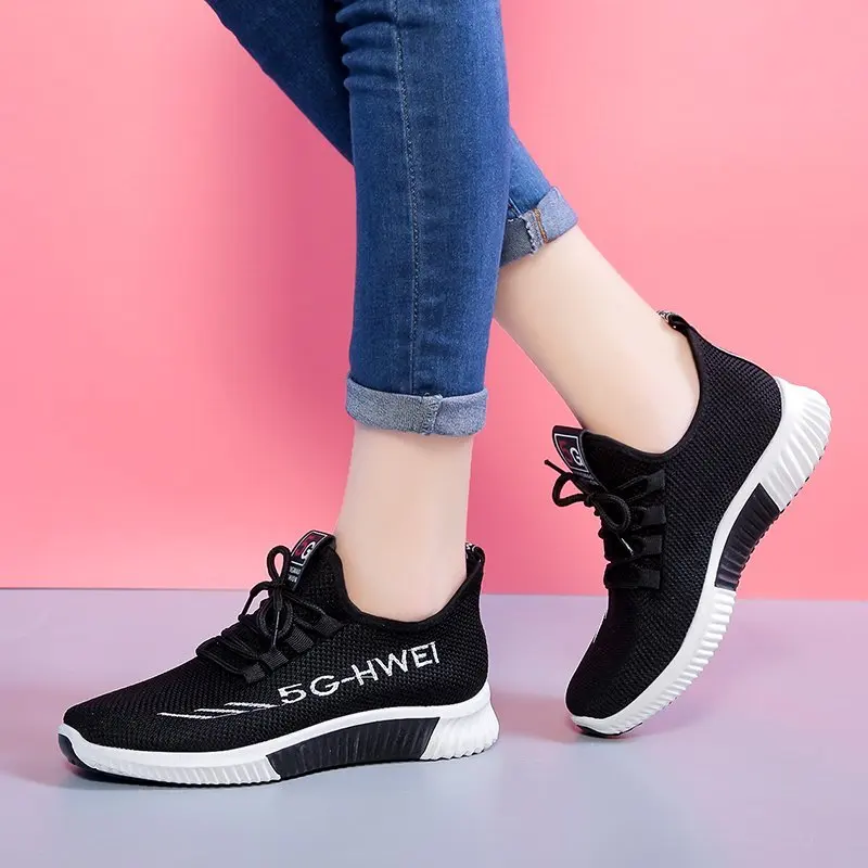 Красивые женские вязаные сетчатые кроссовки для бега на шнуровке массивные