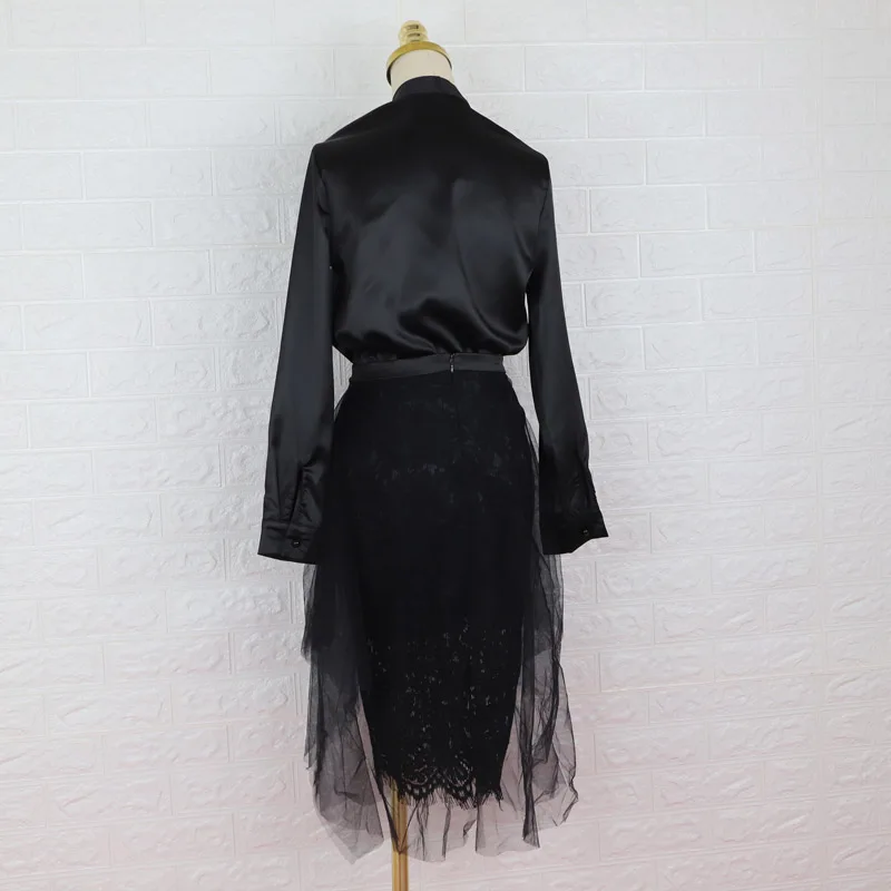 

Women Vintage Solid Sexy V Neck Shirt Top + Irregular Mesh Lace Pencil Skirt 2 Piece Set Office Lady Black Formal Skirt Suit