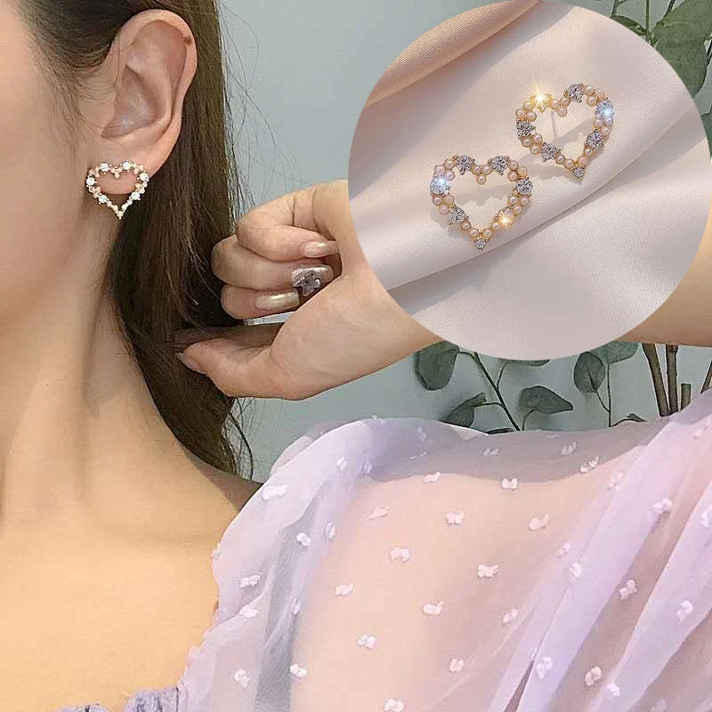 

Корейские серьги-гвоздики с жемчугом и бриллиантами в форме сердца для женщин студентов элегантные милые серьги Ювелирные изделия Подарки