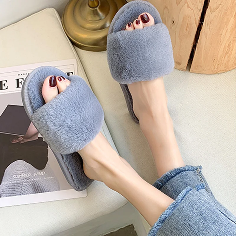 winter women house slippers faux fur warm slide fluffy flat shoes female slip on home furry cotton slippers free global shipping