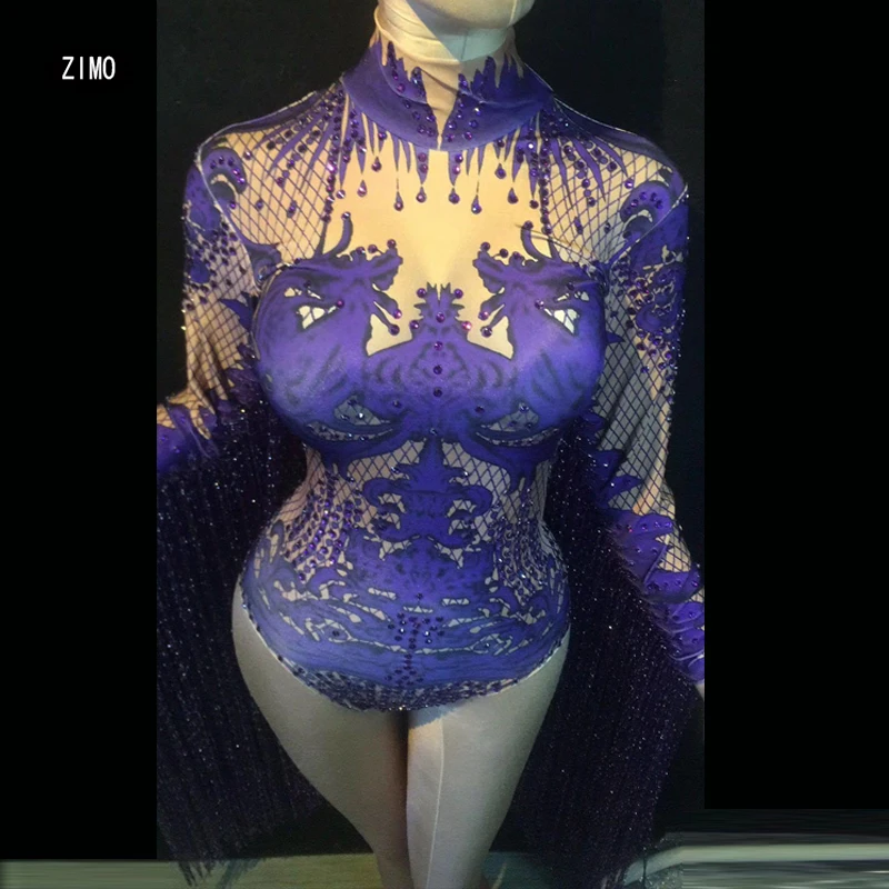 Borlas púrpura Body con diamantes de imitación manga larga de las mujeres de impresión noche Fiesta club sexy cantante rendimiento trajes de drag queen